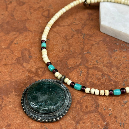 Estate Silver-Tone Beaded Collar + Moss Agate Pendant Necklace