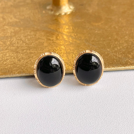 Estate 14KT Yellow Gold Bamboo Black Onyx Omega Earrings