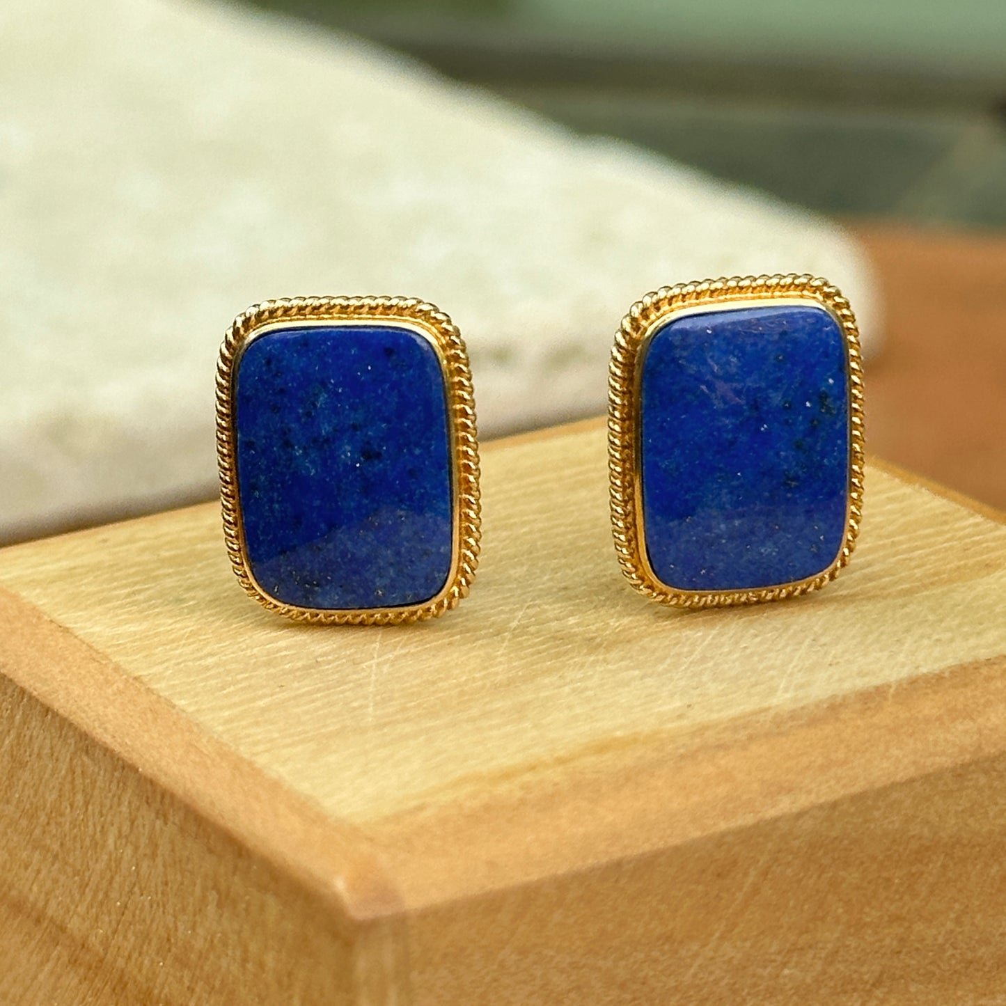 Estate 14KT Yellow Gold Rectangle Lapis Omega Back Earrings