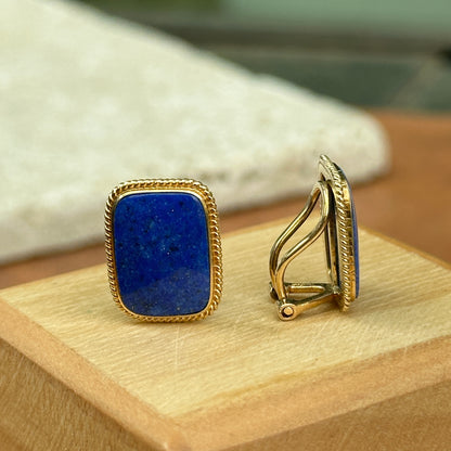 Estate 14KT Yellow Gold Rectangle Lapis Omega Back Earrings