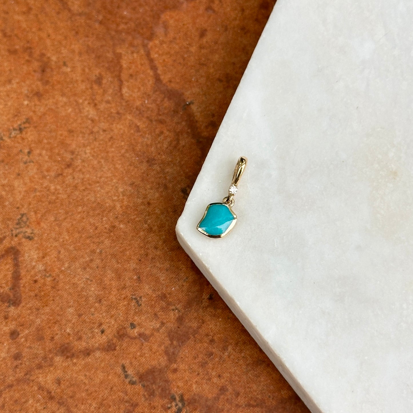 14KT Yellow Gold Unique Shape Turquoise + Round Diamond Small Pendant
