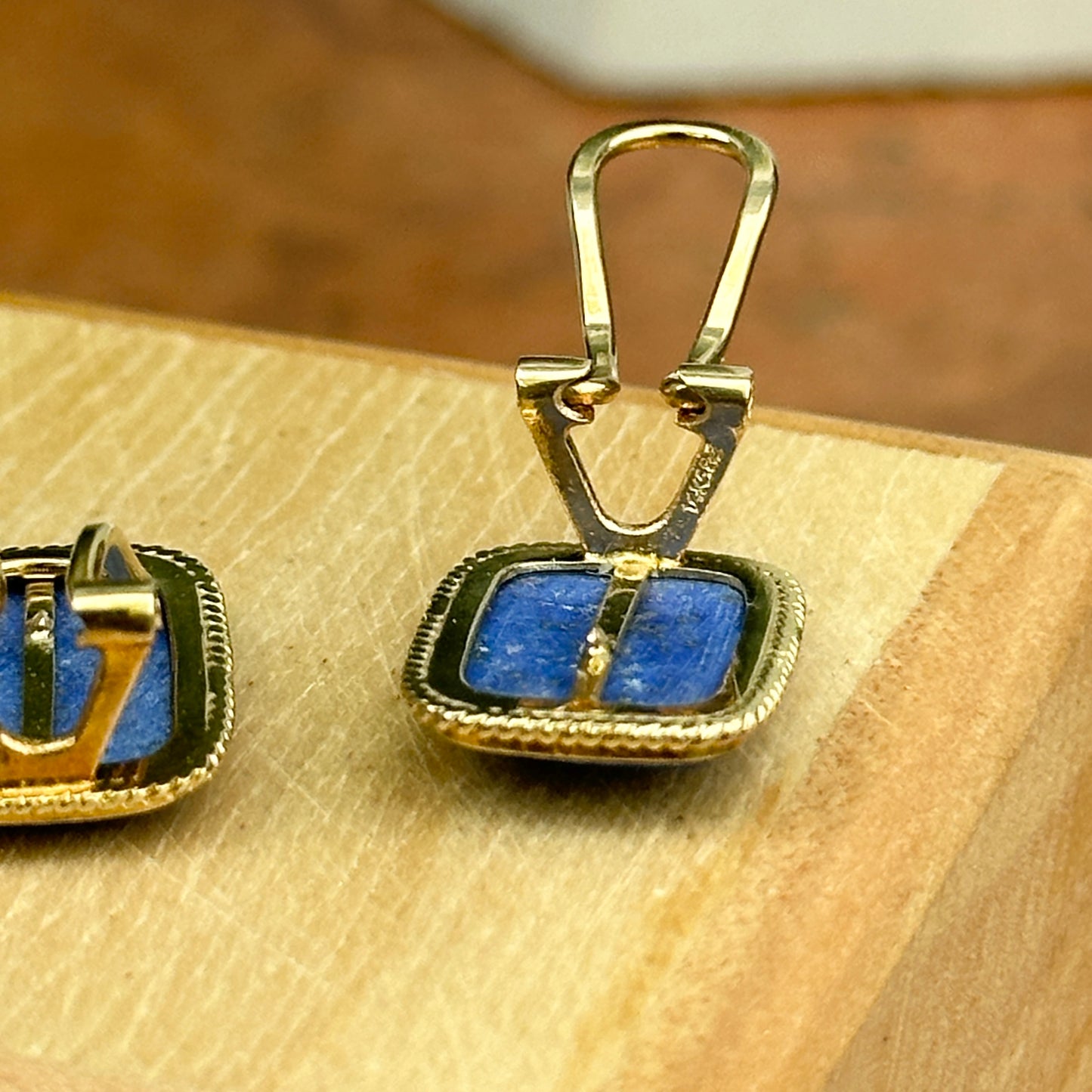 Estate 14KT Yellow Gold Rectangle Lapis Omega Back Earrings