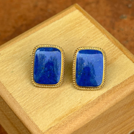 Estate 14KT Yellow Gold Rectangle Lapis Omega Back Earrings