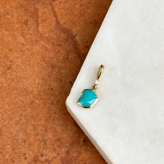 14KT Yellow Gold Unique Shape Turquoise + Round Diamond Small Pendant