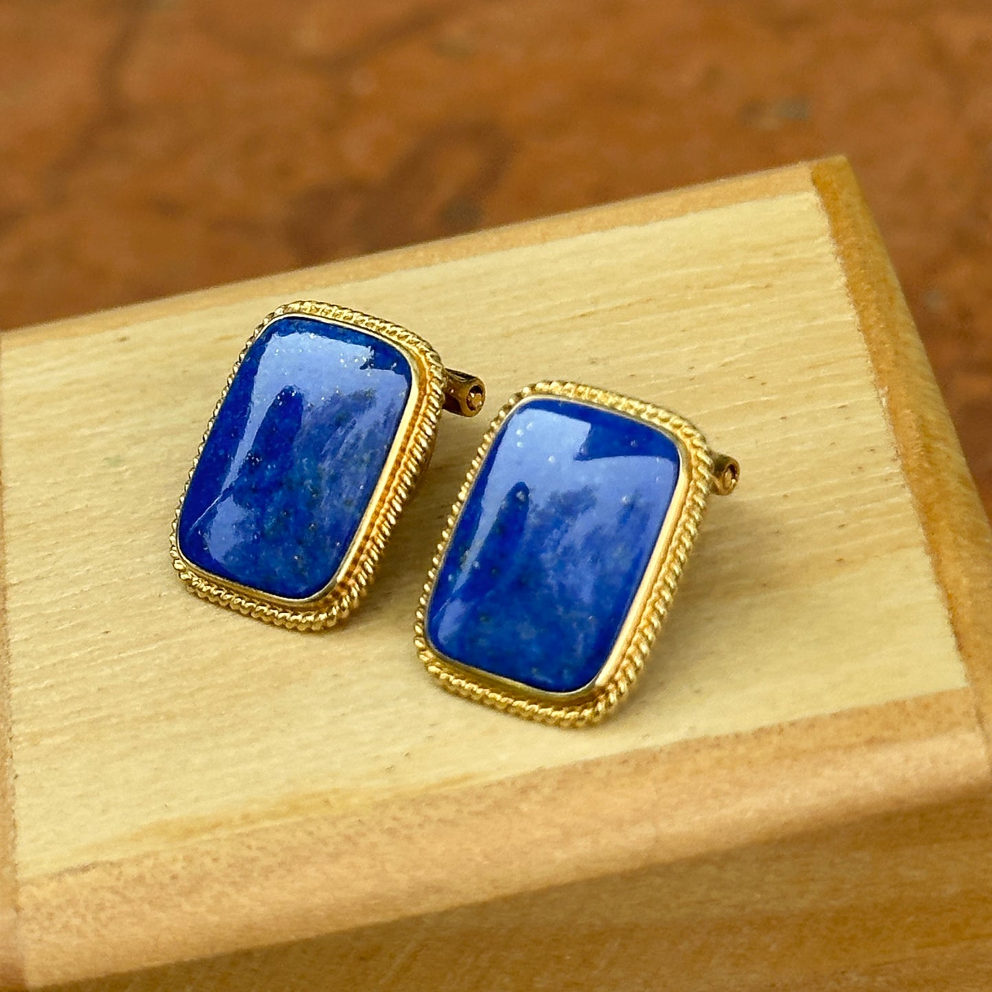 Estate 14KT Yellow Gold Rectangle Lapis Omega Back Earrings