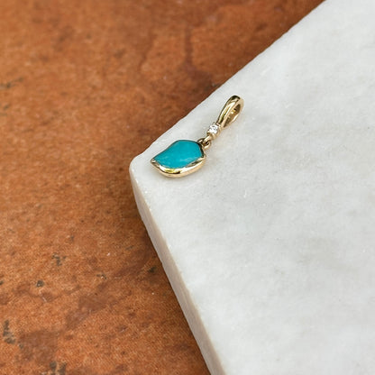 14KT Yellow Gold Unique Shape Turquoise + Round Diamond Small Pendant