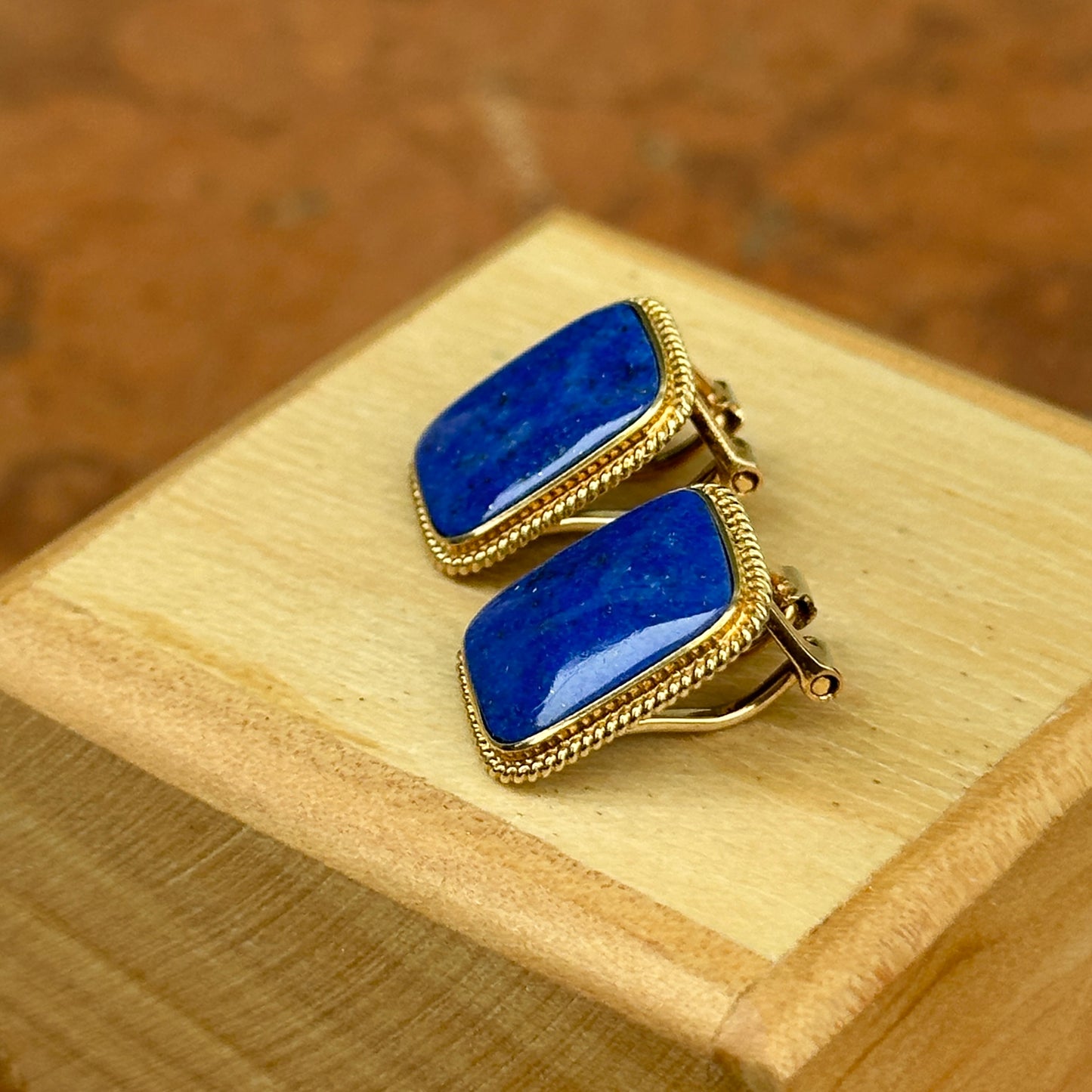 Estate 14KT Yellow Gold Rectangle Lapis Omega Back Earrings