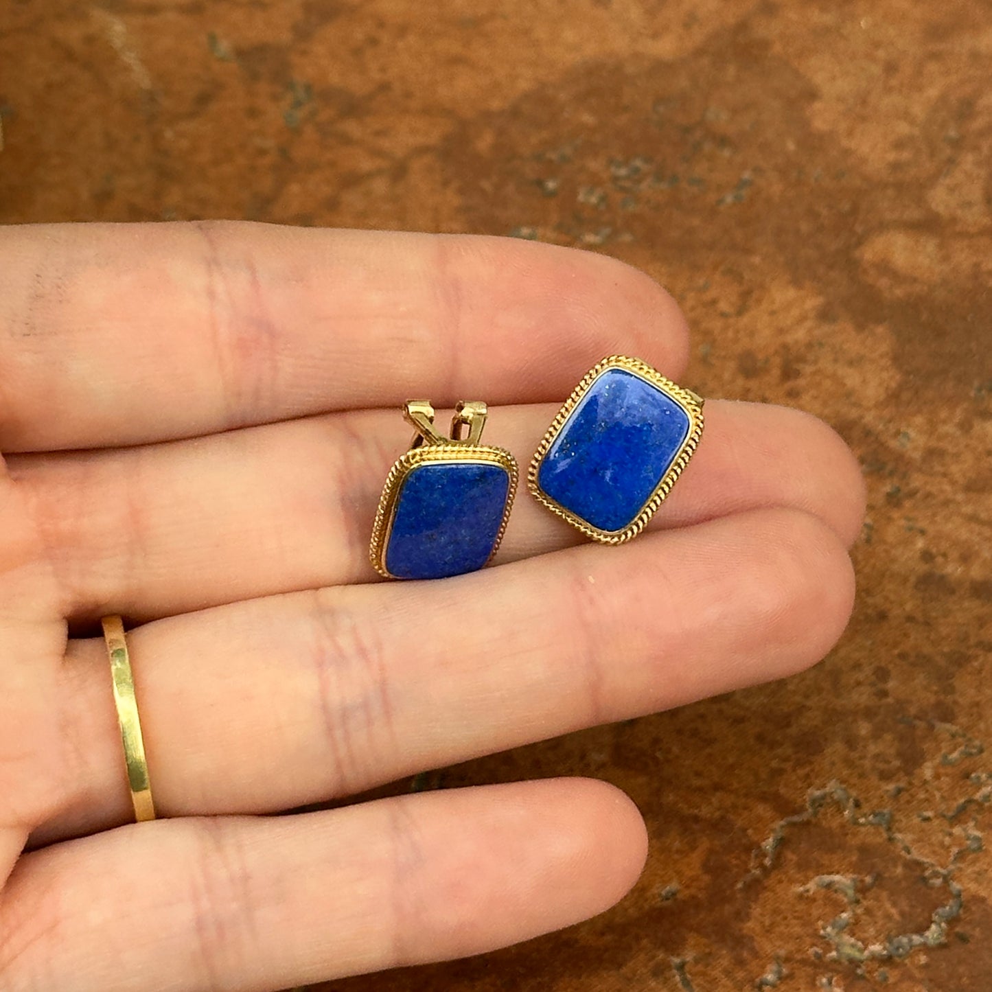 Estate 14KT Yellow Gold Rectangle Lapis Omega Back Earrings