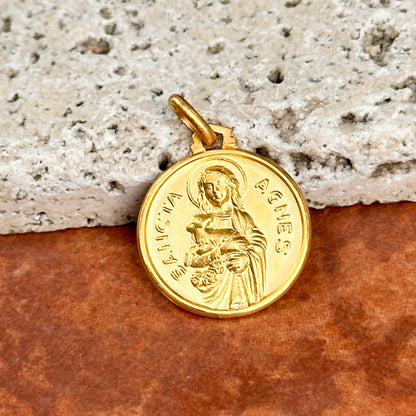 18KT Yellow Gold St Anges Matte Round Medal Pendant 18mm
