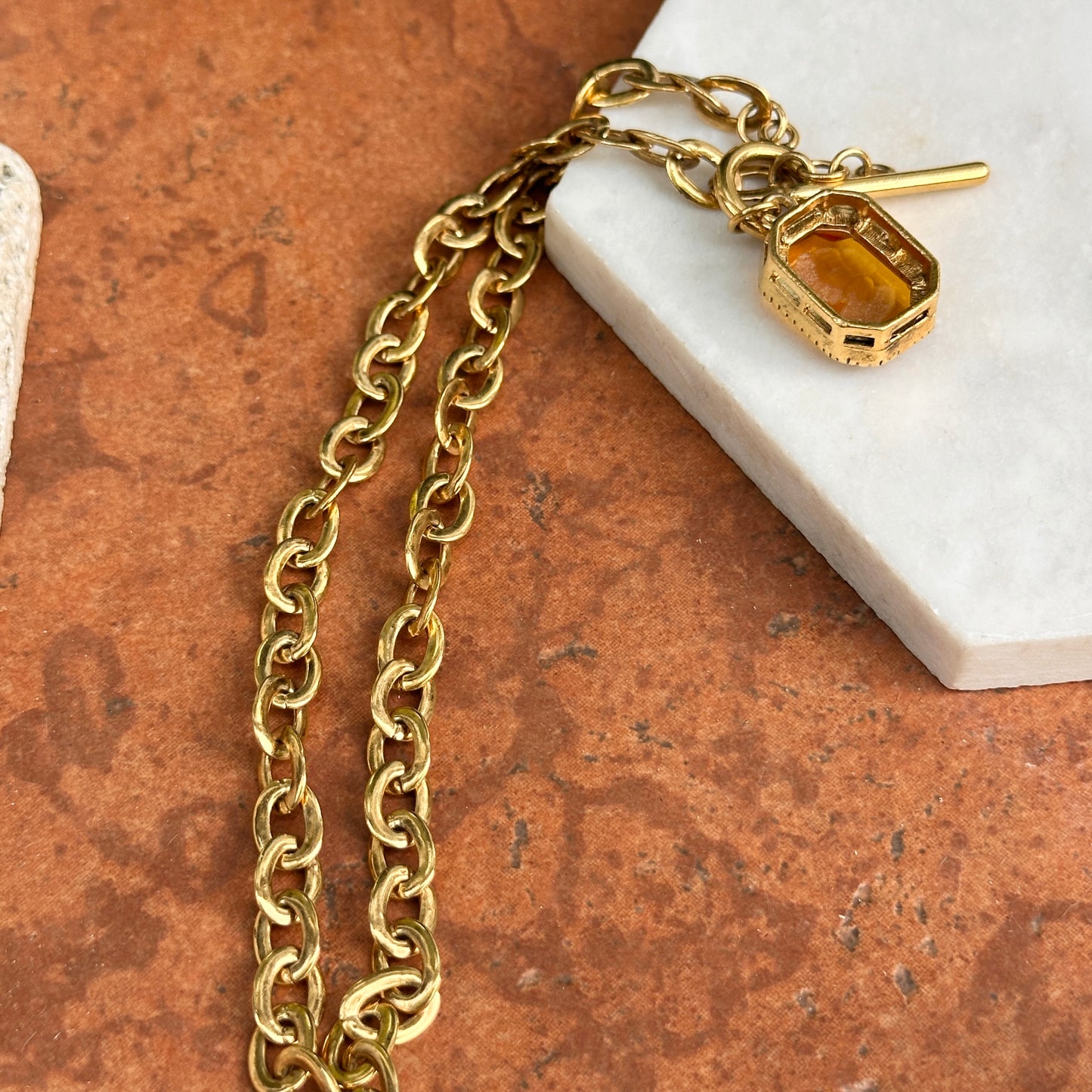Vintage Gold Tone Necklace + Ancient Replica Cameo Citrine Venetian Glass Necklace