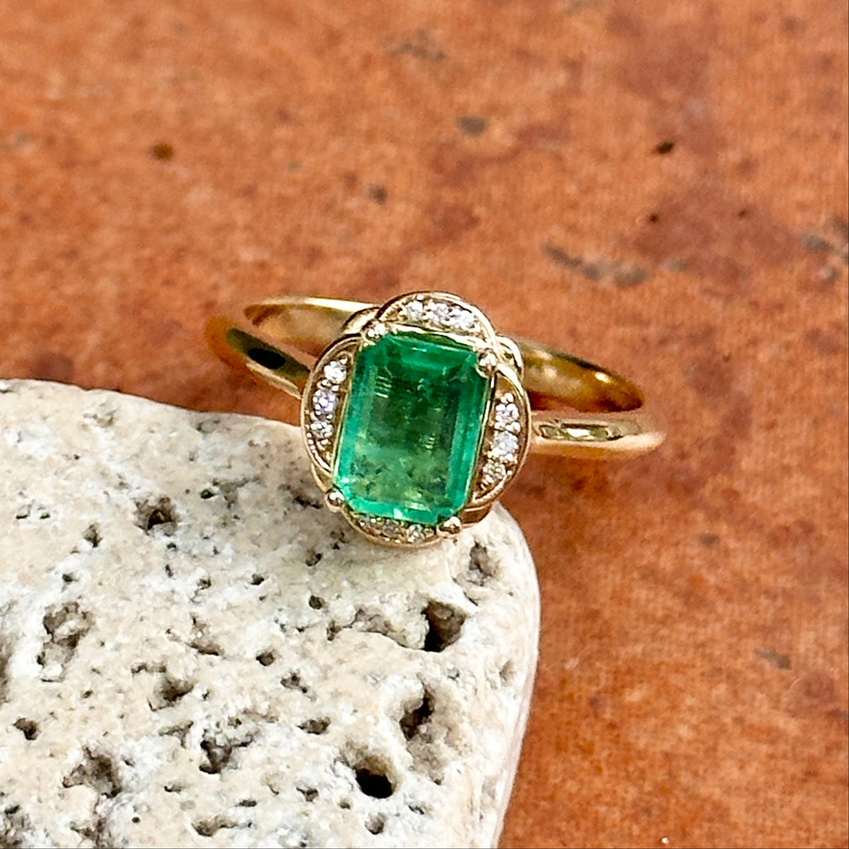 14KT Yellow Gold .74 CT Emerald-Cut Emerald + Diamond Ring