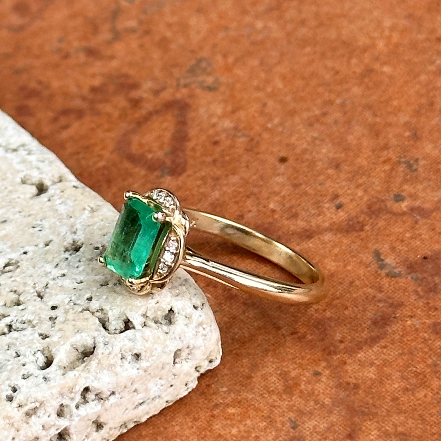 14KT Yellow Gold .74 CT Emerald-Cut Emerald + Diamond Ring