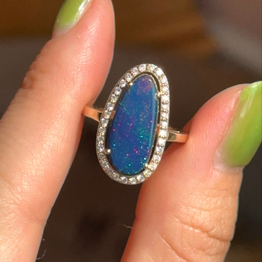 14KT Yellow Gold Boulder Opal Diamond Halo Ring