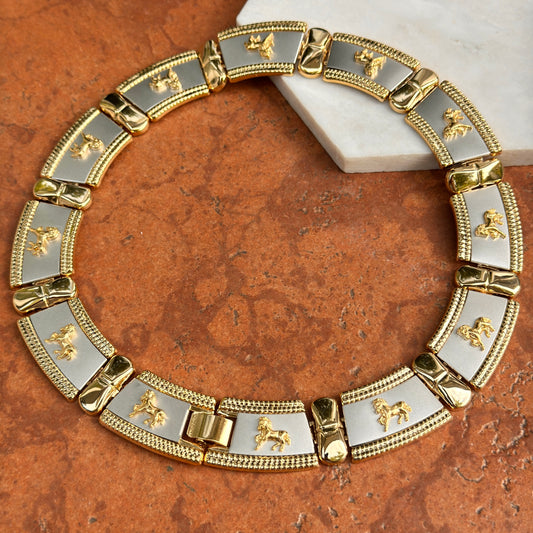 Vintage Gold + Silver Tone Byzantine Horse Segmented Link Collar Necklace 18''