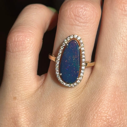 14KT Yellow Gold Boulder Opal Diamond Halo Ring