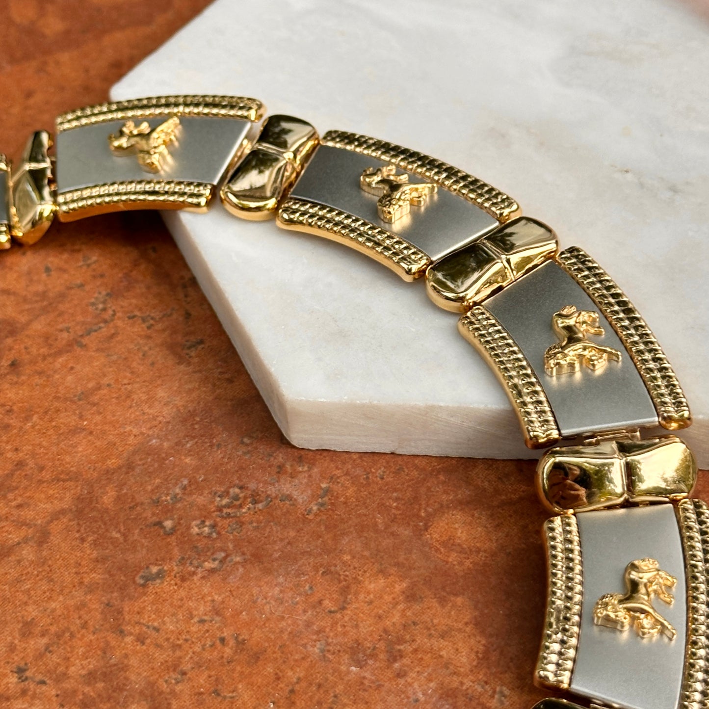 Vintage Gold + Silver Tone Byzantine Horse Segmented Link Collar Necklace 18''