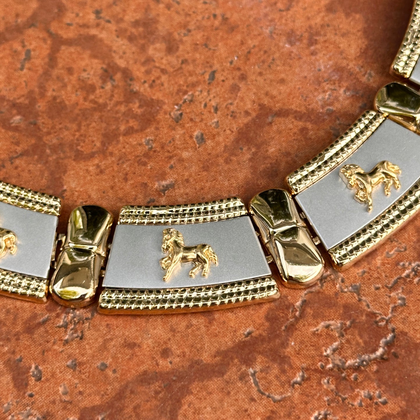 Vintage Gold + Silver Tone Byzantine Horse Segmented Link Collar Necklace 18''