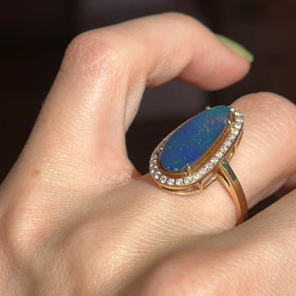 14KT Yellow Gold Boulder Opal Diamond Halo Ring