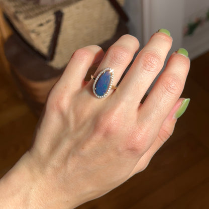 14KT Yellow Gold Boulder Opal Diamond Halo Ring