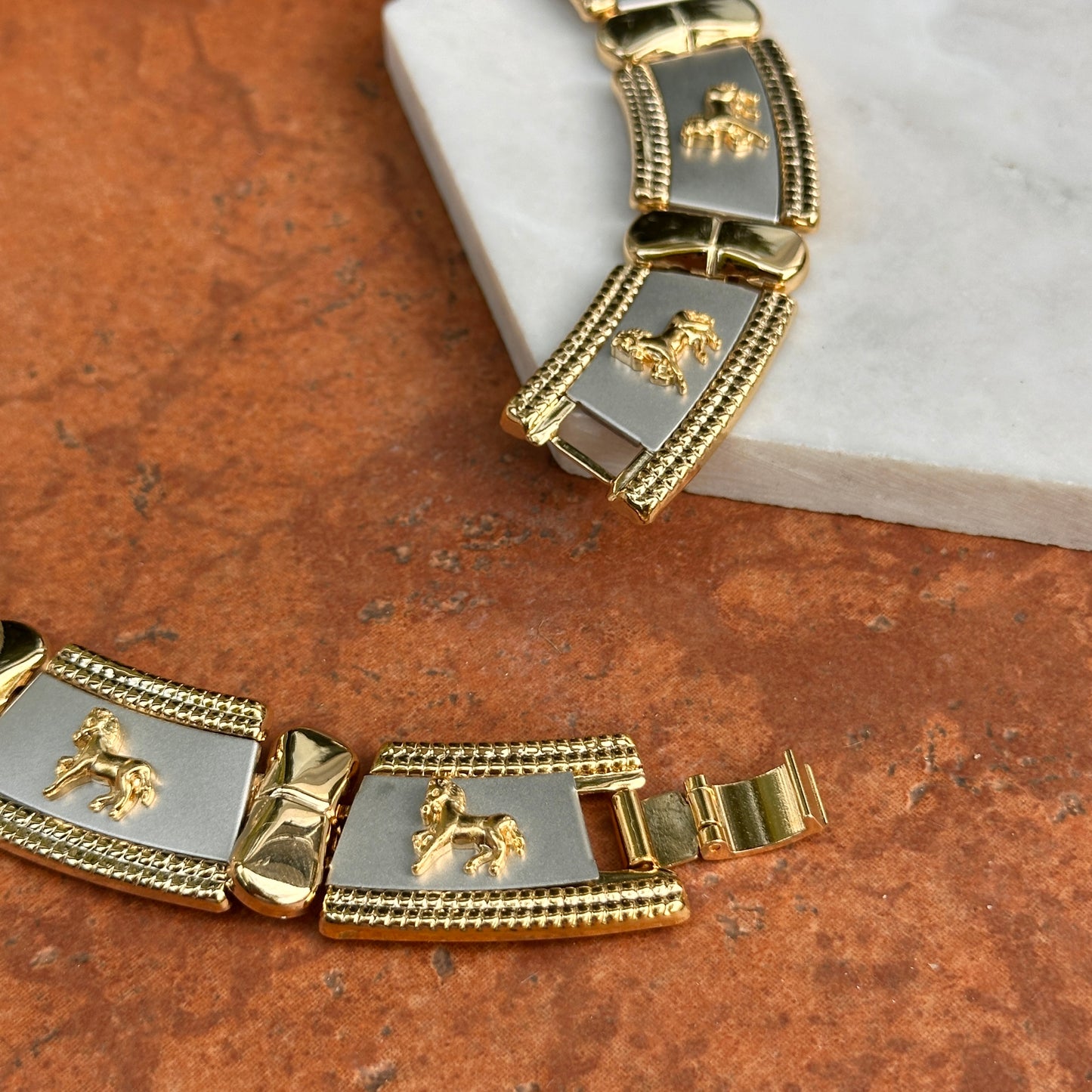 Vintage Gold + Silver Tone Byzantine Horse Segmented Link Collar Necklace 18''