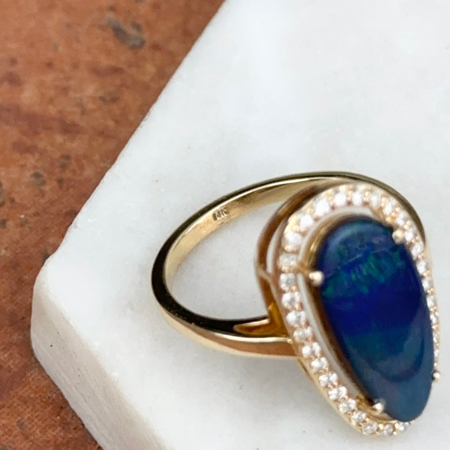 14KT Yellow Gold Boulder Opal Diamond Halo Ring