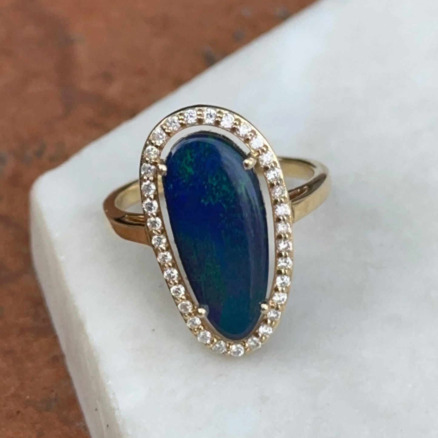 14KT Yellow Gold Boulder Opal Diamond Halo Ring