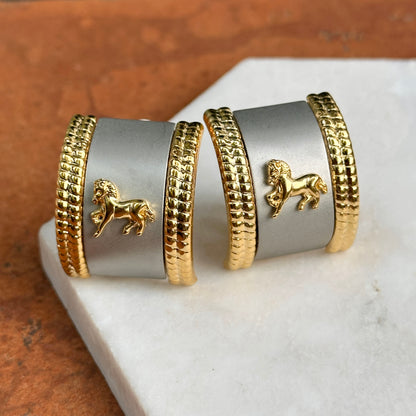 Vintage Gold + Silver Tone Curved Half Hoop Byzantine Horses Clip Earrings