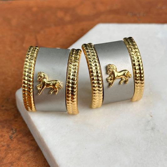 Vintage Gold + Silver Tone Curved Half Hoop Byzantine Horses Clip Earrings