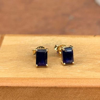 14KT Yellow Gold 1.8 CT Emerald-Cut Blue Sapphire Stud Earrings