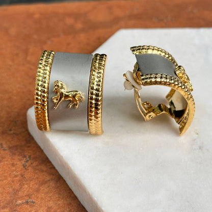 Vintage Gold + Silver Tone Curved Half Hoop Byzantine Horses Clip Earrings