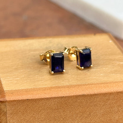 14KT Yellow Gold 1.8 CT Emerald-Cut Blue Sapphire Stud Earrings