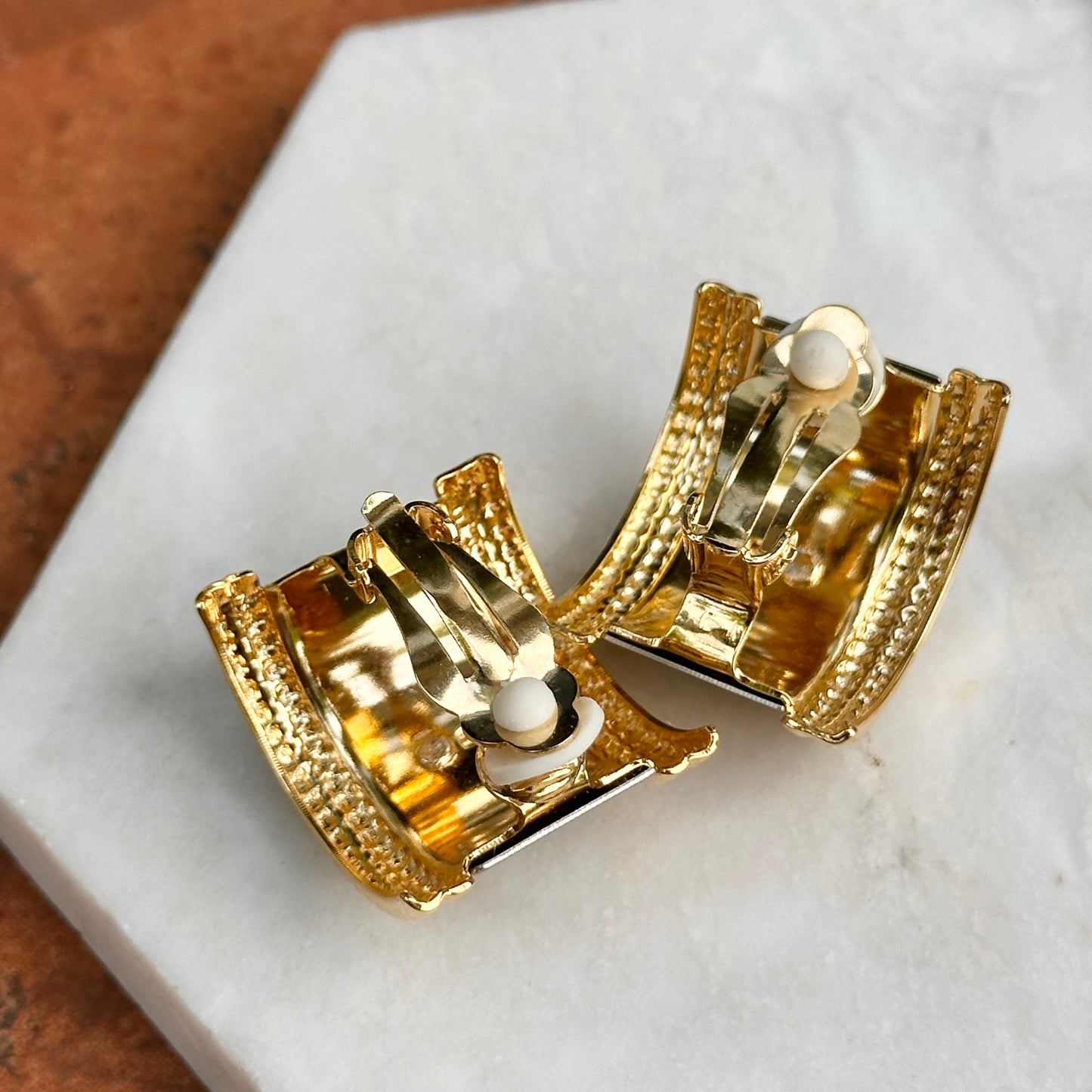 Vintage Gold + Silver Tone Curved Half Hoop Byzantine Horses Clip Earrings