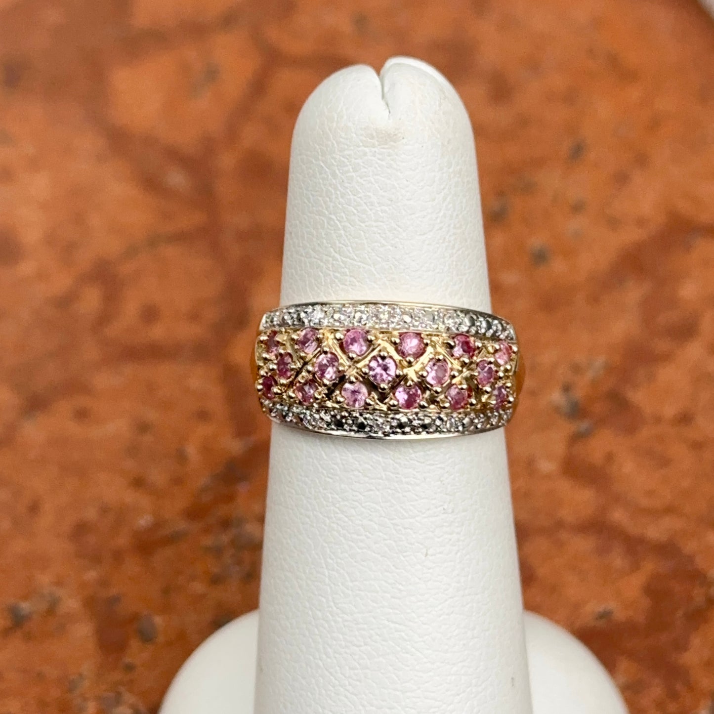 Estate 14KT Yellow Gold Pave Pink Sapphire + Diamond Band Rinf