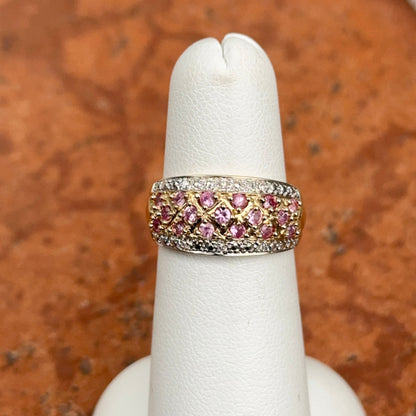 Estate 14KT Yellow Gold Pave Pink Sapphire + Diamond Band Rinf