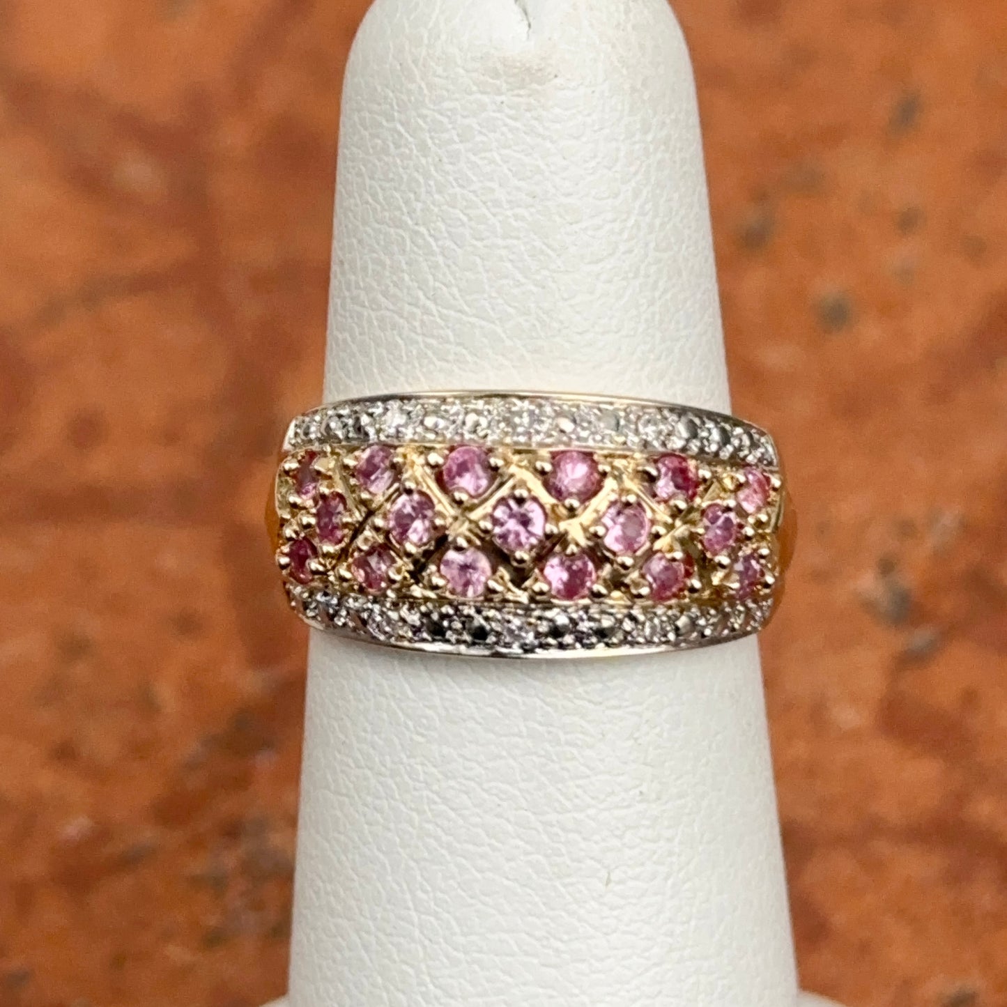 Estate 14KT Yellow Gold Pave Pink Sapphire + Diamond Band Rinf