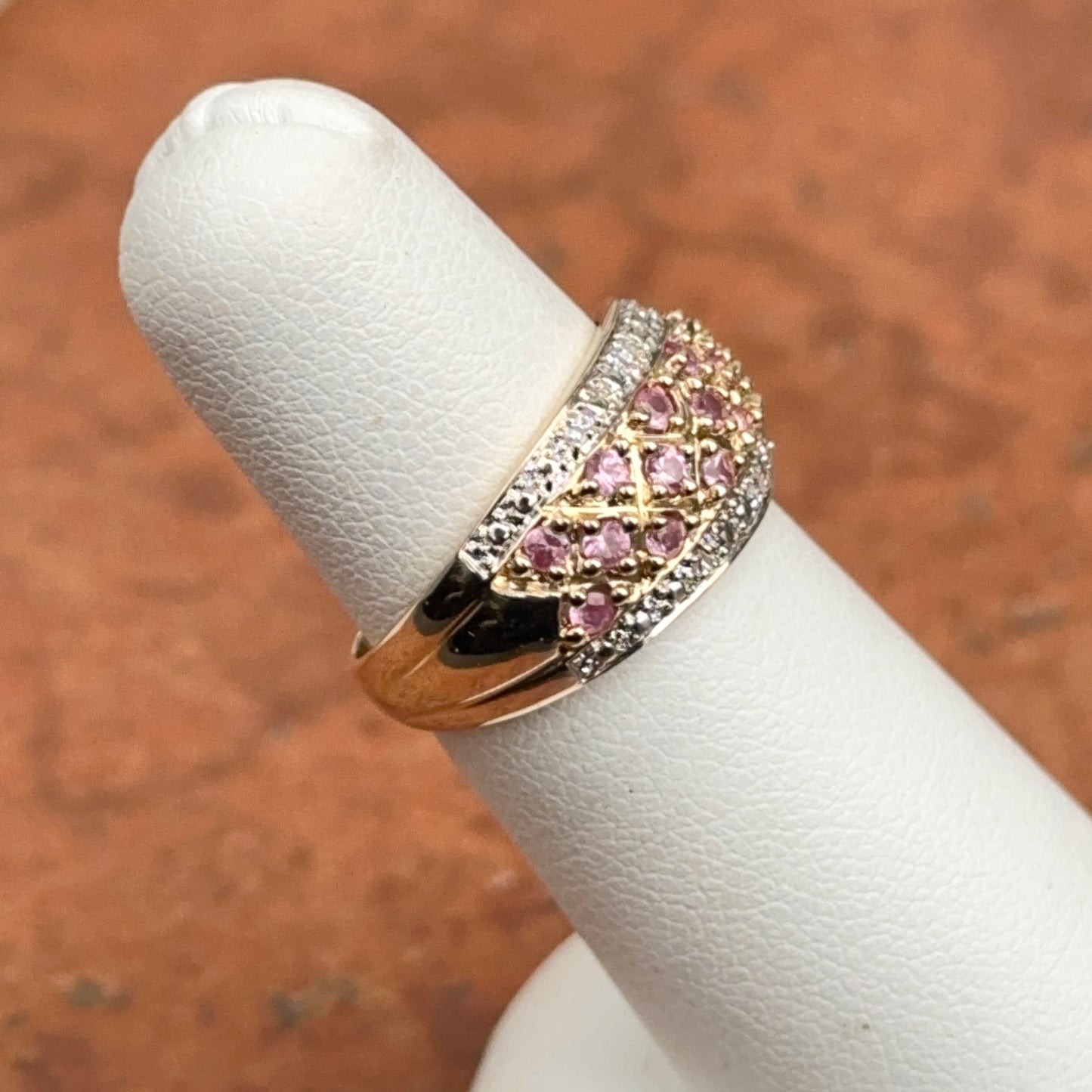 Estate 14KT Yellow Gold Pave Pink Sapphire + Diamond Band Rinf