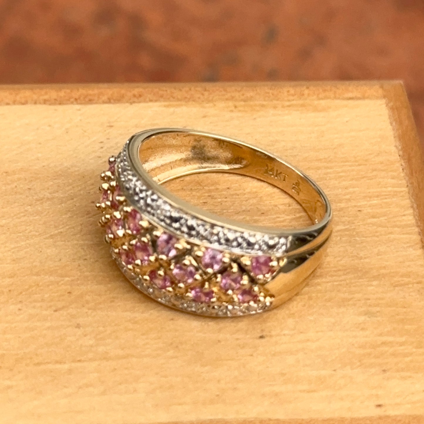 Estate 14KT Yellow Gold Pave Pink Sapphire + Diamond Band Rinf