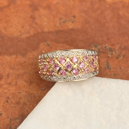 Estate 14KT Yellow Gold Pave Pink Sapphire + Diamond Band Rinf