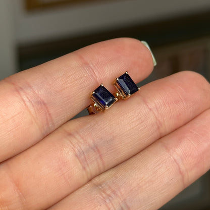 14KT Yellow Gold 1.8 CT Emerald-Cut Blue Sapphire Stud Earrings