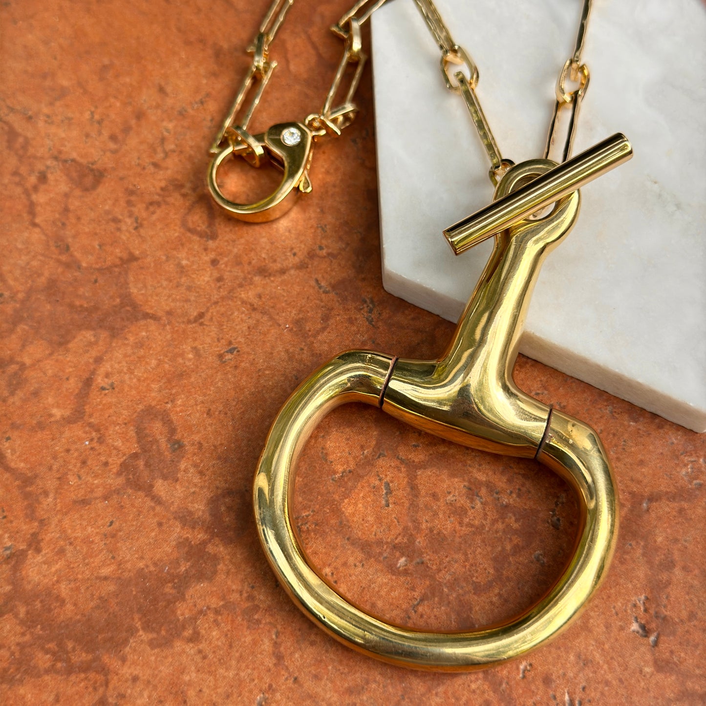 Yellow Gold Tone Large Horse Bit Alternating Paperclip Oval Chain Necklace 17''