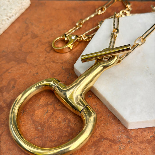 Yellow Gold Tone Large Horse Bit Alternating Paperclip Oval Chain Necklace 17''