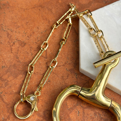 Yellow Gold Tone Large Horse Bit Alternating Paperclip Oval Chain Necklace 17''