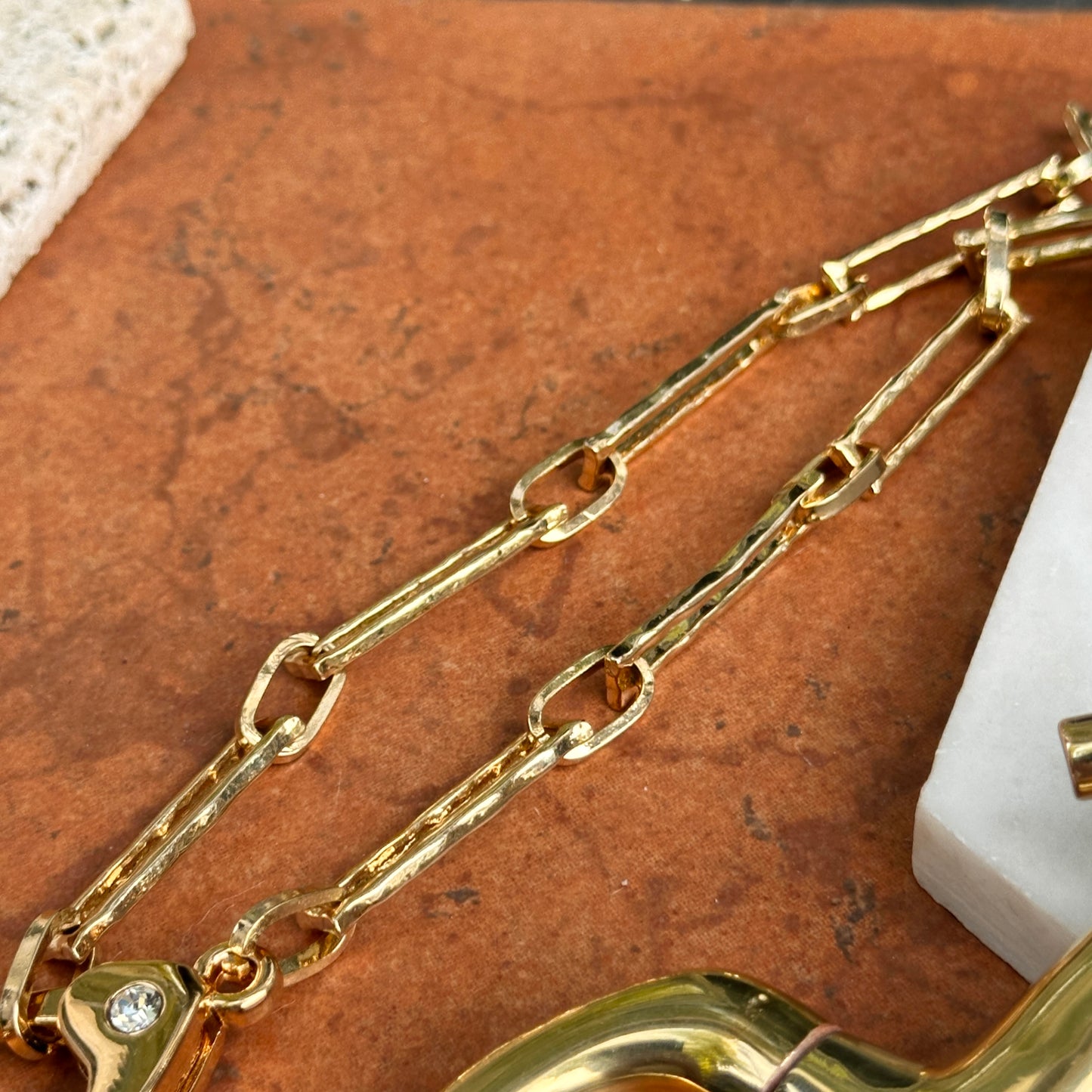 Yellow Gold Tone Large Horse Bit Alternating Paperclip Oval Chain Necklace 17''