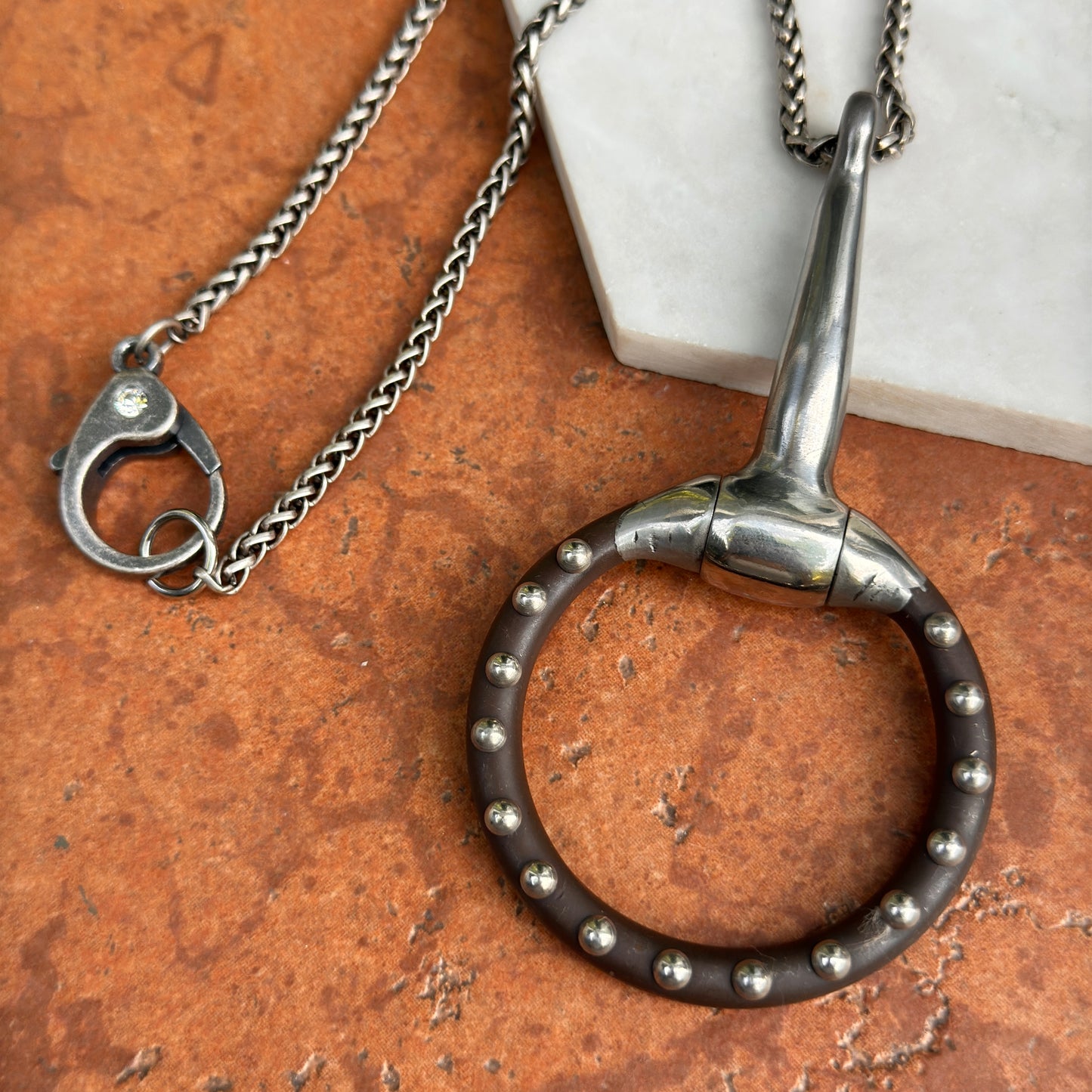 Silver Studded Large Horse Bit + Wheat Chain Necklace 18''