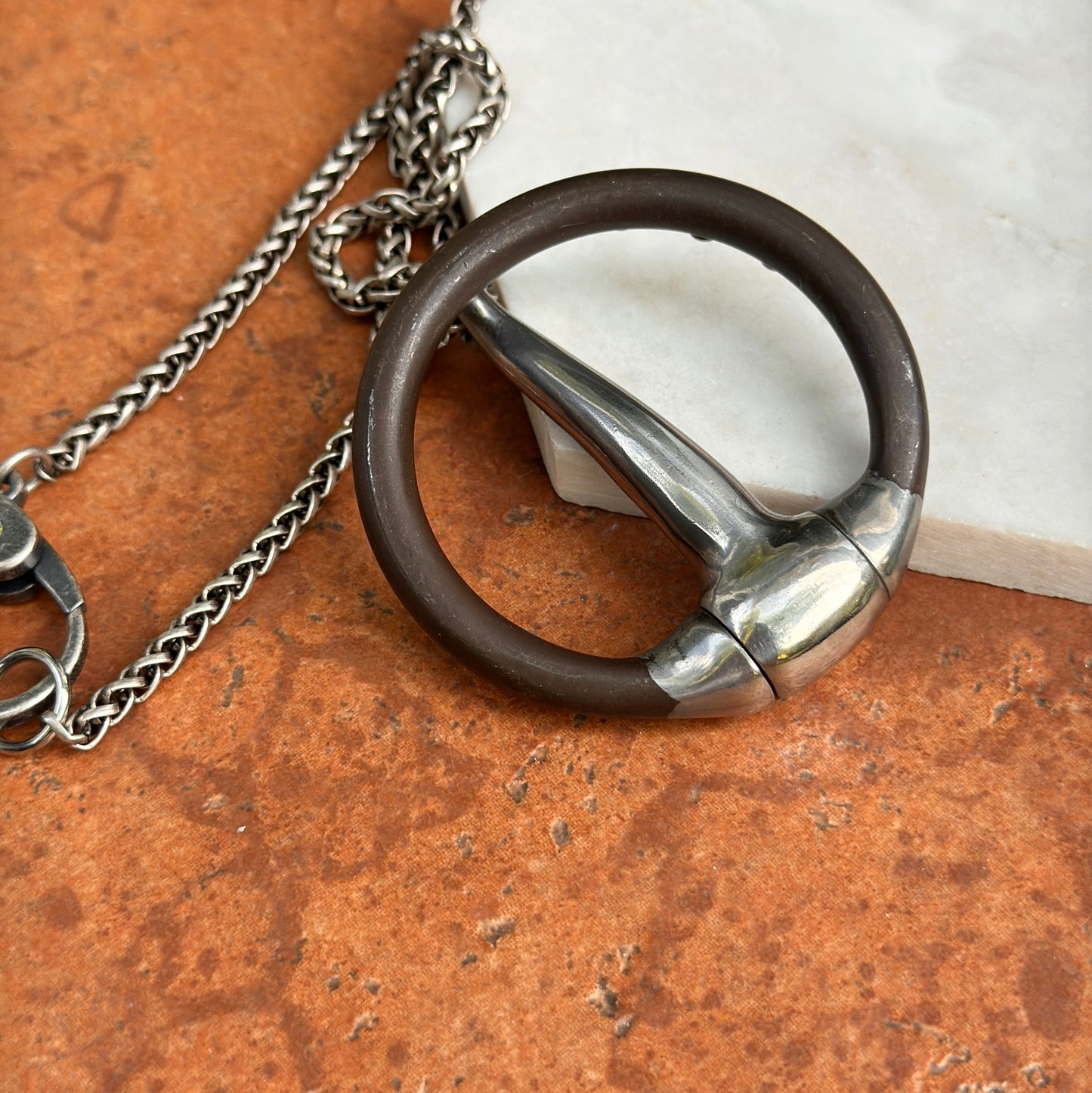 Silver Studded Large Horse Bit + Wheat Chain Necklace 18''