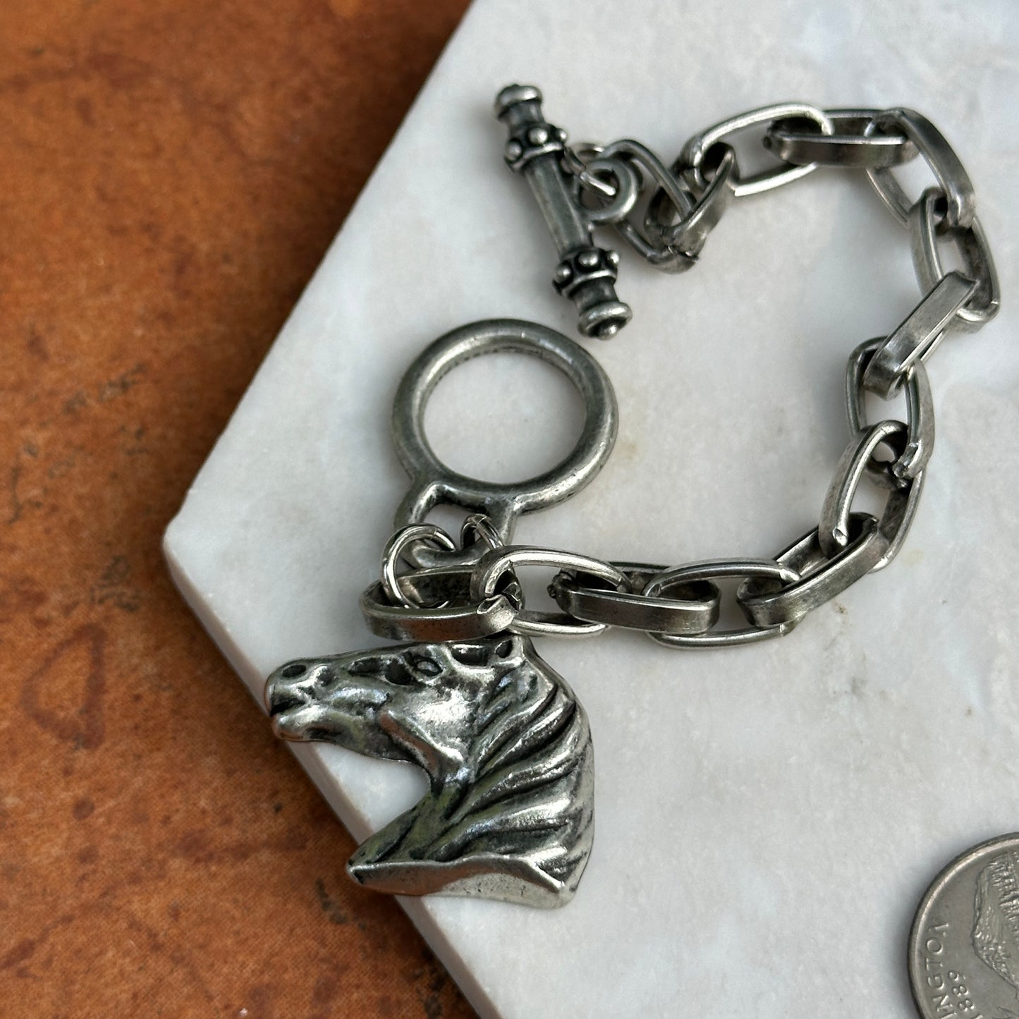 Silver Horse Head Dangle Oval Link Bracelet + Toggle Clasp 8''