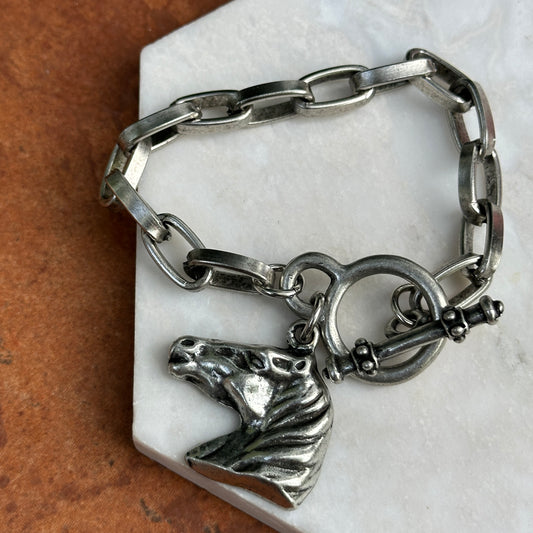 Silver Horse Head Dangle Oval Link Bracelet + Toggle Clasp 8''