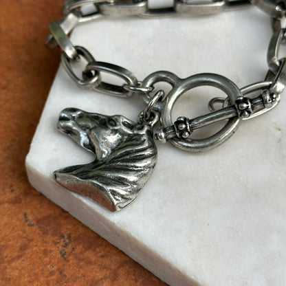 Silver Horse Head Dangle Oval Link Bracelet + Toggle Clasp 8''