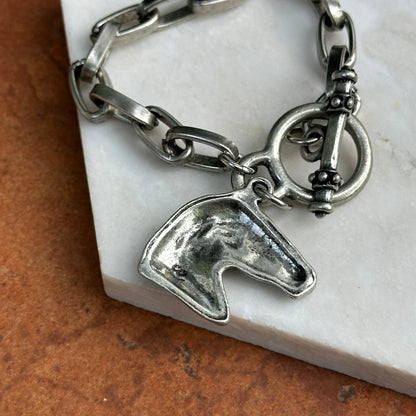 Silver Horse Head Dangle Oval Link Bracelet + Toggle Clasp 8''
