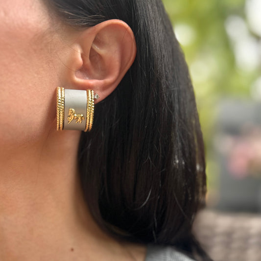 Vintage Gold + Silver Tone Curved Half Hoop Byzantine Horses Clip Earrings